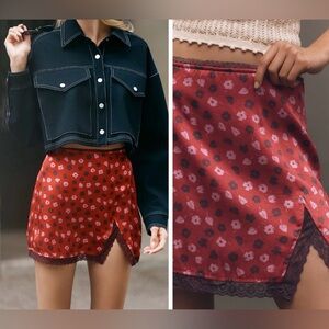 Anthropologie Red Floral Mini Skirt with Lace Trim